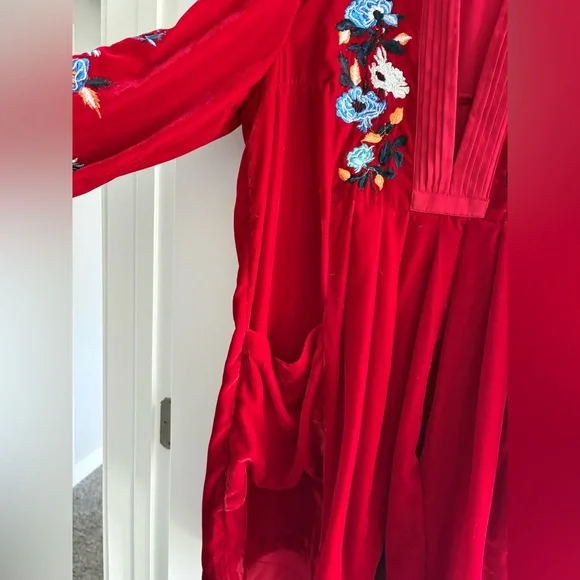 Free People MIA Red Velour Velvet Floral Embroidered Dress - Picture 3 of 7